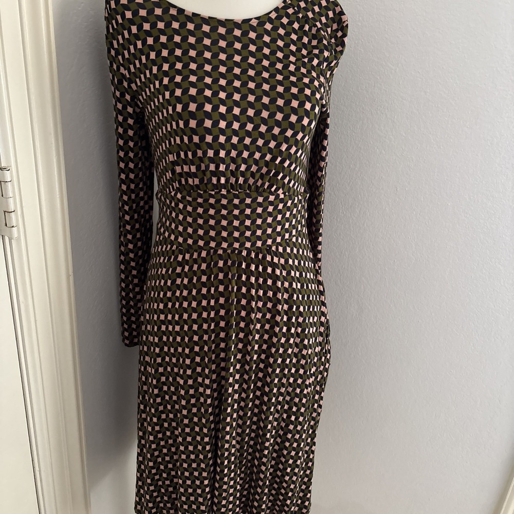 Boden Thea Long Sleeve Jersey Midi Dress Women 12P Navy Pink Olive Geometric